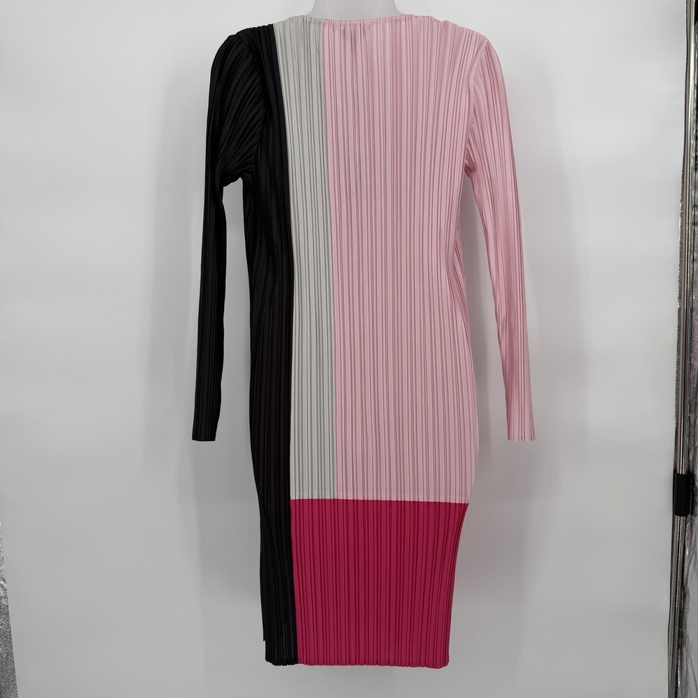 Ming Wang XXS Colorblock‎ Pleated Long Sleeve Knee Length Dress Crepe Stretch - Picture 3 of 9
